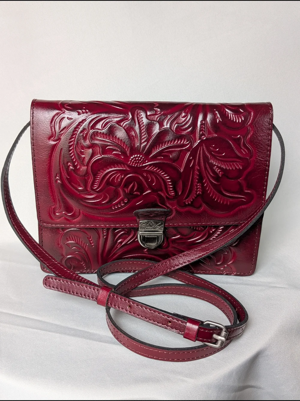 Patricia Nash Locri Crossbody Made In Italy Burgundy Tooled Leather - Picture 2 of 7